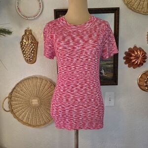 Nine West Pink Heathered Pattern Ribbed Knit Tee Style Preppy Classy Top